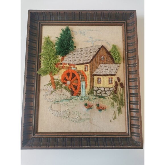 Framed Embroidery, Old Mill on a Stream, c.1970's Stitch Art - Picture 2 of 7